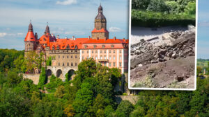 Awaria przy zamku Książ: Kamienie z zawalonego muru zagrażają trasie turystycznej.