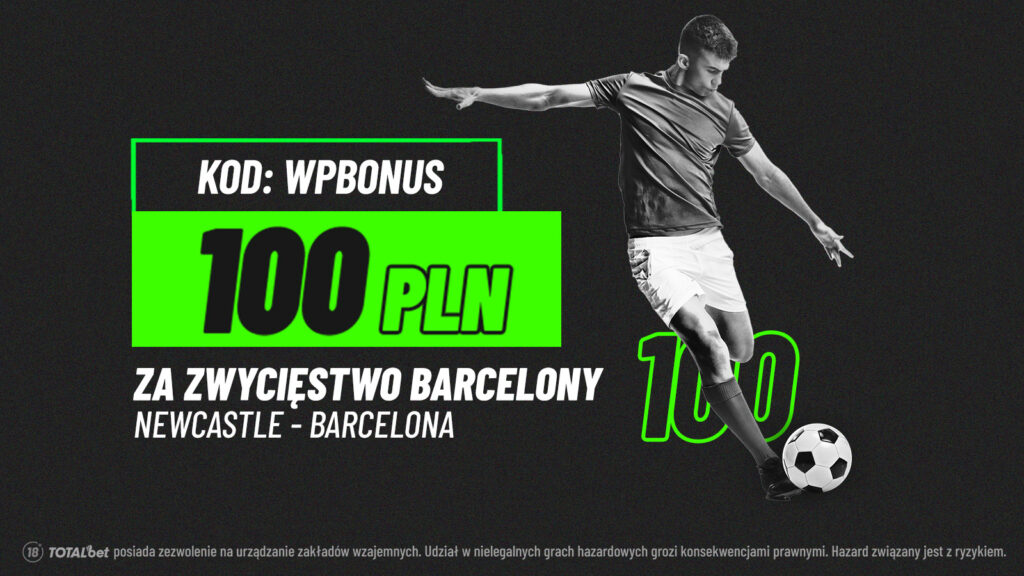 Oto kilka propozycji alternatywnych tytułów zachowujących sens oryginału, ale unikalnych: 1. TOTALbet oferuje kurs 100 na zwycięstwo Barcelony z Newcastle 2. Rekordowy kurs 100 w TOTALbet na triumf Barcelony nad Newcastle 3. Wyjątkowy kurs 100 na wygraną Barcelony w meczu z Newcastle w TOTALbet 4. TOTALbet: kurs 100 na zwycięstwo Barcelony przeciwko Newcastle 5. Kurs 100 za typ na wygraną Barcelony z Newcastle w TOTALbet