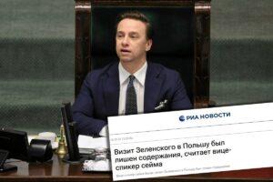 Oryginalny tytuł: Bosak krytykował wizytę Zełenskiego w Polsce. Jego słowa wykorzystała rosyjska propaganda Propozycje zmienionego tytułu: 1. Wypowiedzi Bosaka o wizycie Zełenskiego w Polsce stały się narzędziem rosyjskiej propagandy 2. Krytyka Bosaka wobec wizyty Zełenskiego w Polsce podchwycona przez rosyjskie media 3. Rosyjska propaganda wykorzystała komentarze Bosaka dotyczące przyjazdu Zełenskiego 4. Słowa Bosaka o Zełenskim w Polsce posłużyły rosyjskim propagandystom 5. Komentarze Bosaka na temat wizyty Zełenskiego wykorzystane przez rosyjskie media propagandowe